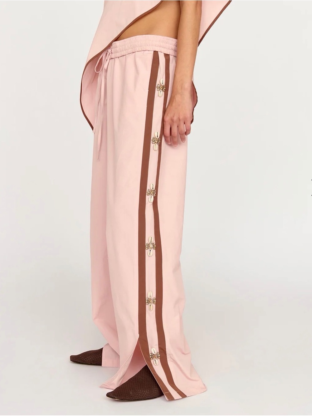 Eliou Light Pink Wide-Leg Track Pants with Brown Side Stripe